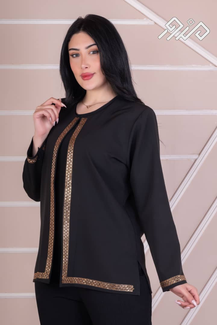 Golden edges blazer with a sleeveless shirt ( no pants)