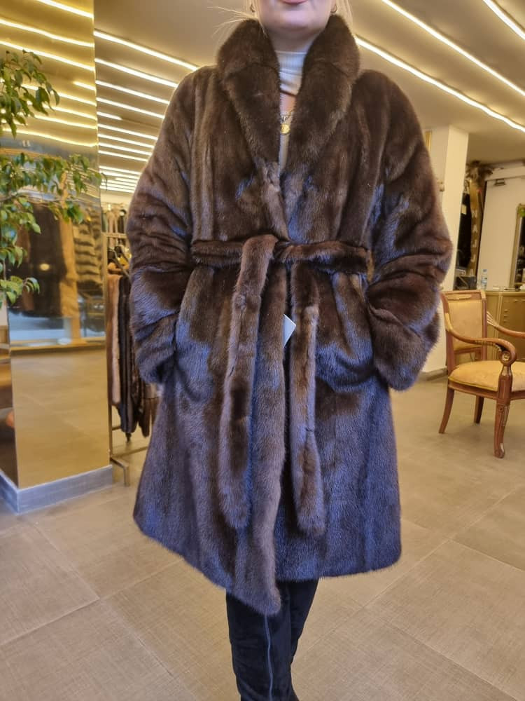 Natural Mink Fur Coat with a fur belt ( 110 cm ) - Hover
