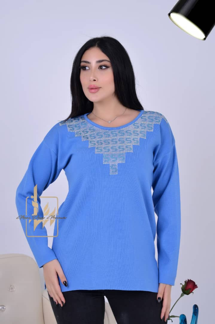 Blue women Knitwear with beads on neck - Hover