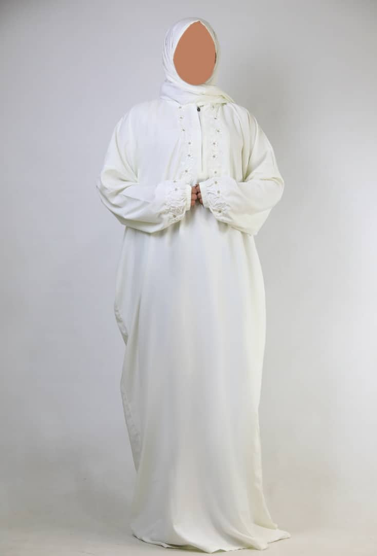 Prayer abaya with head scarf and rose embroidery on neck and sleeve